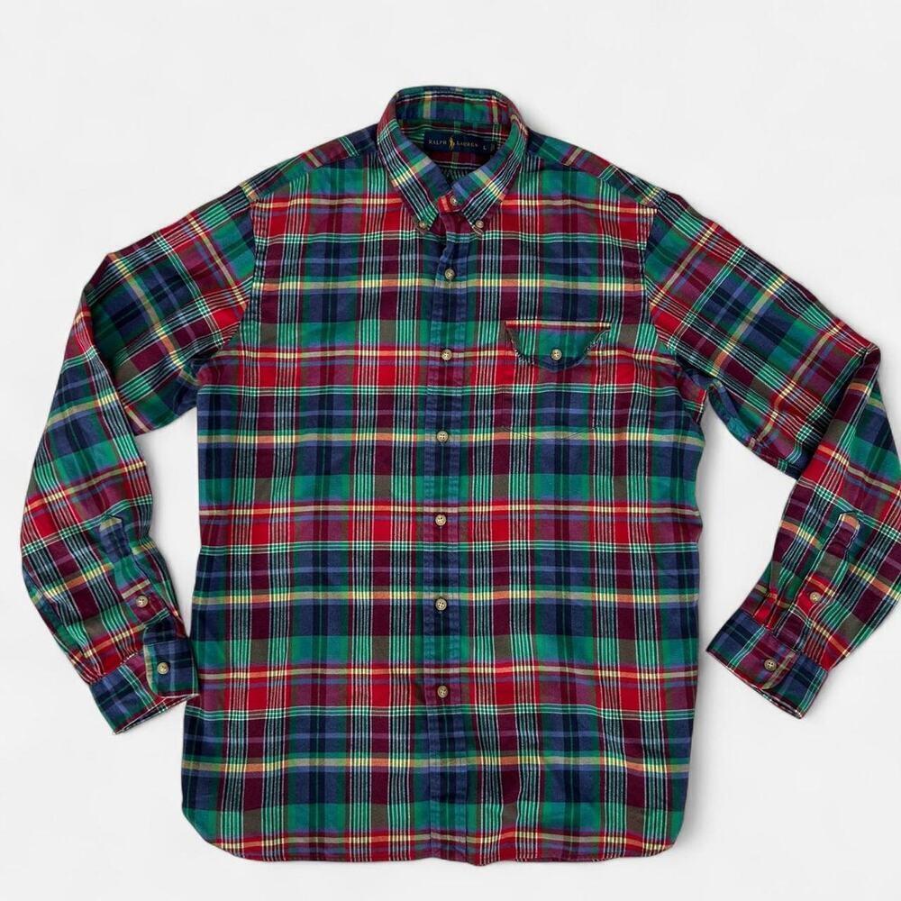 Polo Ralph Lauren Red and green plaid flannel button down shirt L 100% cotton
